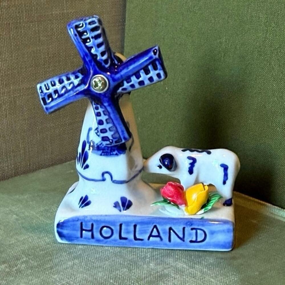 ACRO Delfts Blue Holland Mini Windmill • Movable Blades • Cow & Tulips • 3.5”